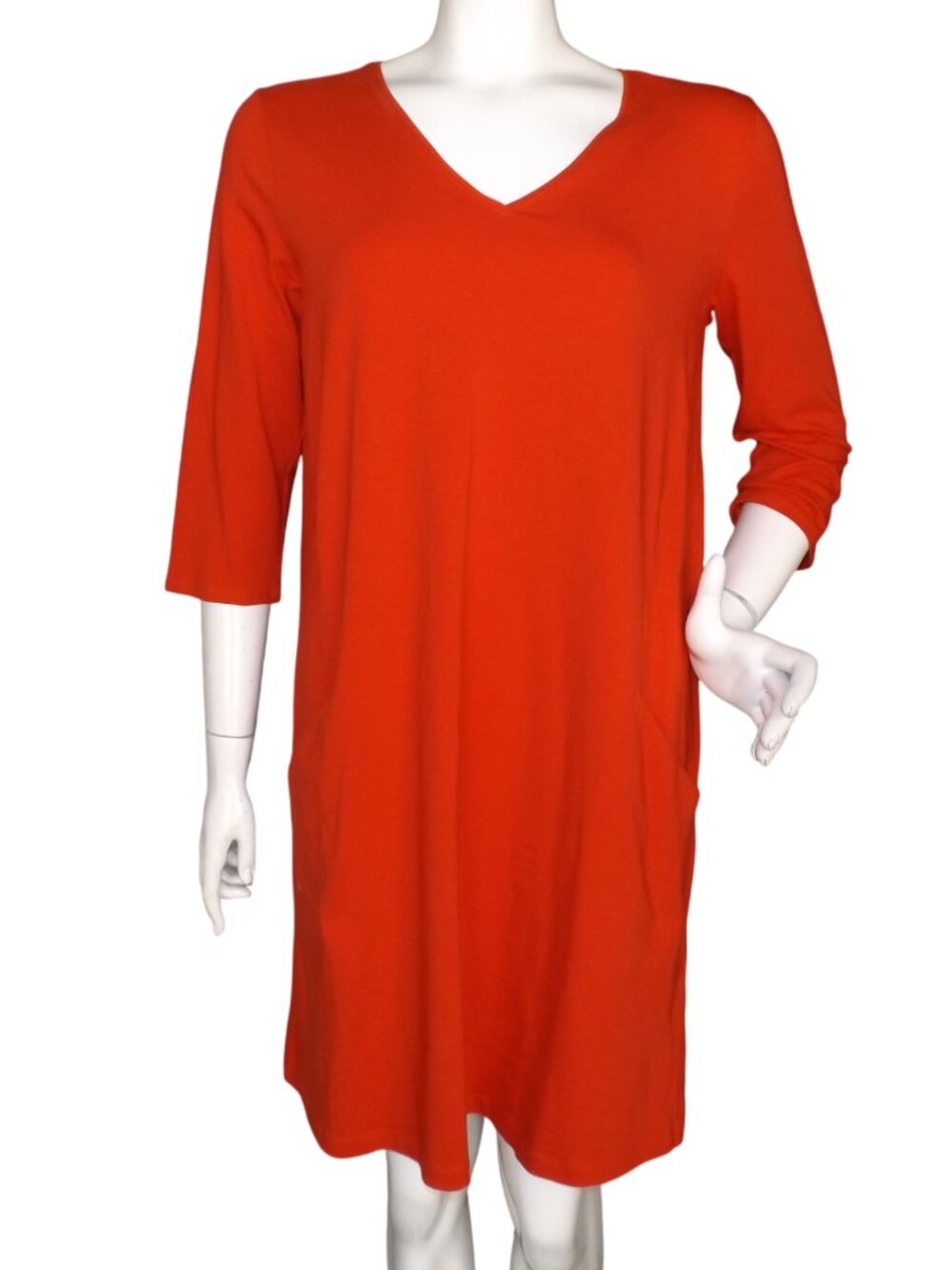 EILEEN FISHER Shift Dress, S, Red-orange Jersey, Pockets, 3/4 sleeves, V-neck